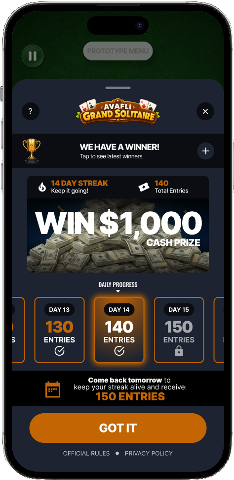 Grand Solitaire's take on the Avafli experience — orange branding, 14-day streak
