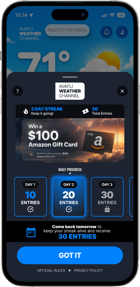 A weather app's take on the Avafli experience — blue branding, $100 Amazon Gift Card prize
